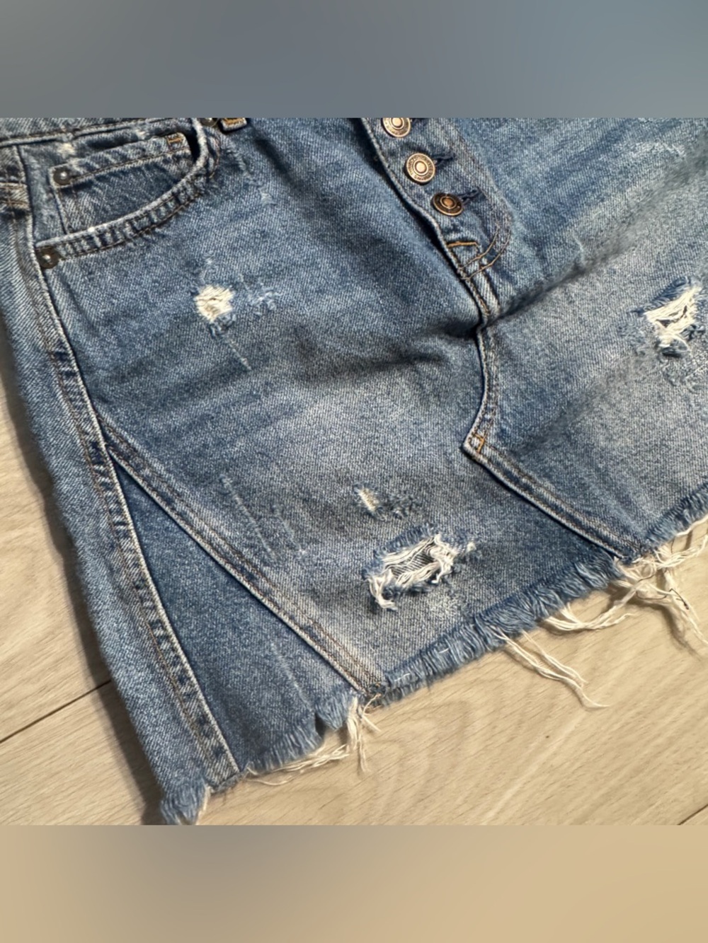 We The Free Denim Mini Skirt Distressed Button Front Frayed Hem Size 26